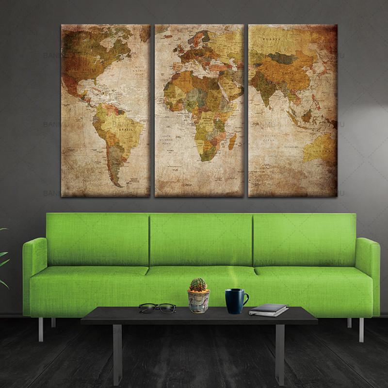 3 Panel Oil Painting World Map