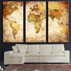 3 Panel Oil Painting World Map