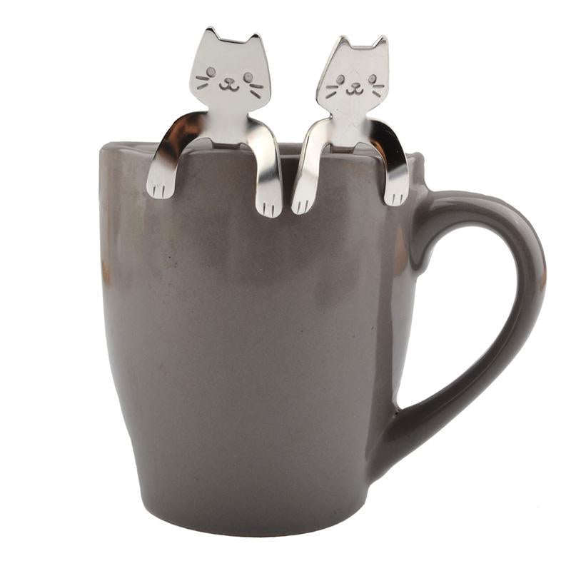 2Pcs Stainless Steel Coffee & Tea Spoon Mini Cat Long Handle