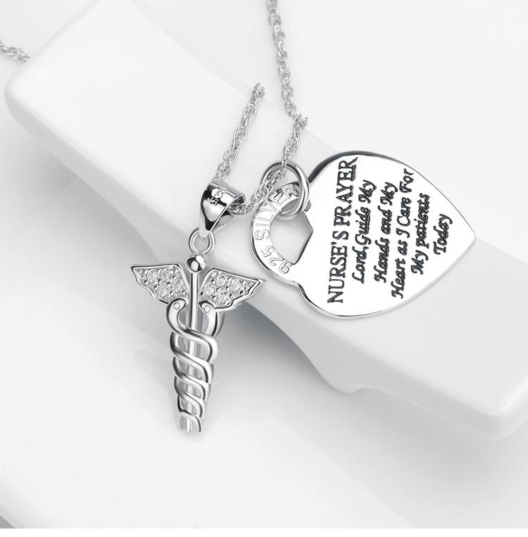 925 Sterling Silver Caduceus Angel Nursing Themed Pendant Necklace